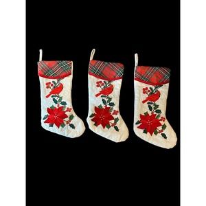 (3) Christmas Stocking Winter Cardinal Applique Plaid Matching Woodland Set